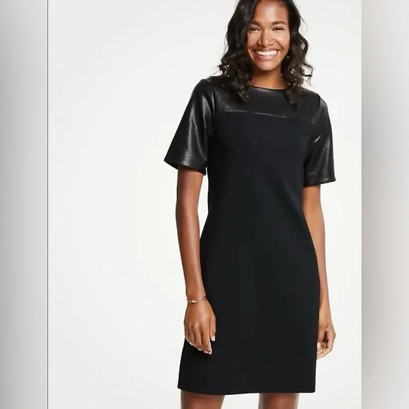 ann taylor leather dress Ann Taylor Petite Faux Leather Belted Flare Dress Size 6 Black Women's
